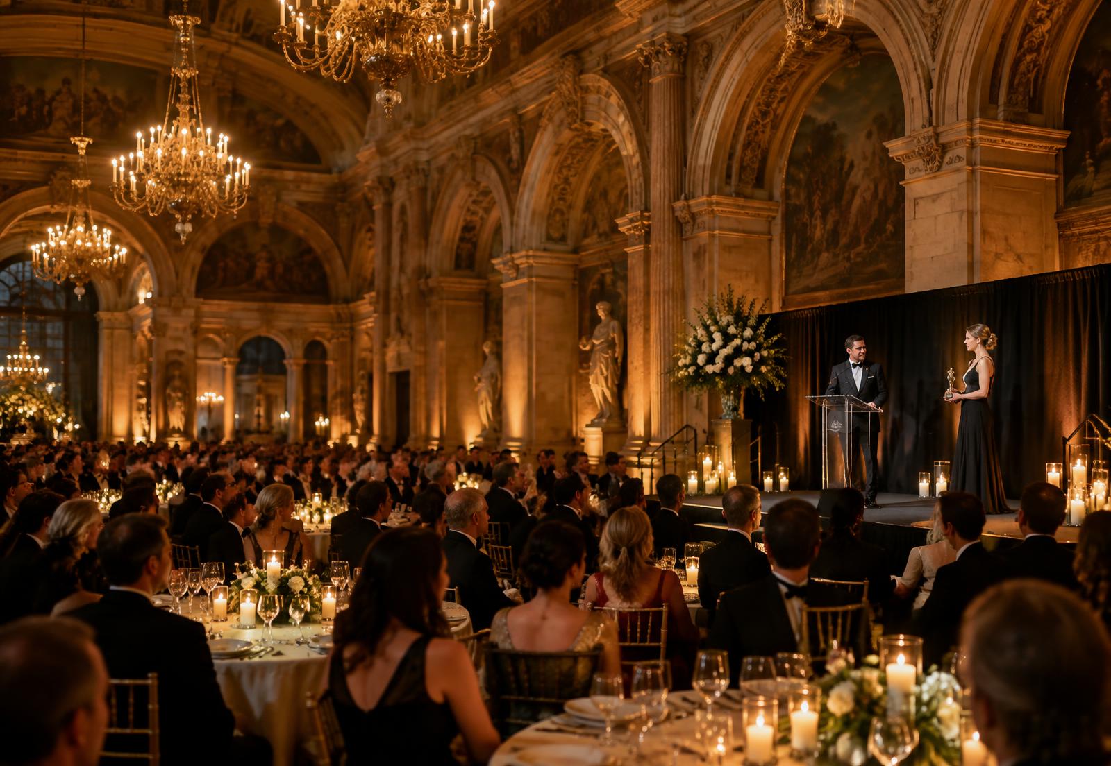 Elegant evening award ceremony in a Renaissance-style hall
