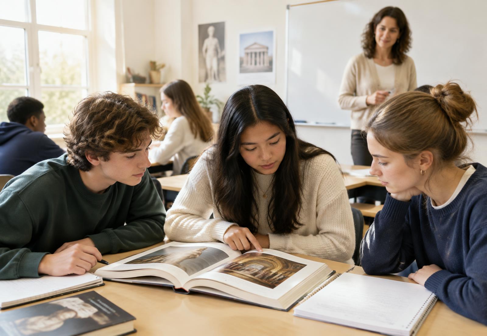 Students studying Renaissance art history together in a classroom