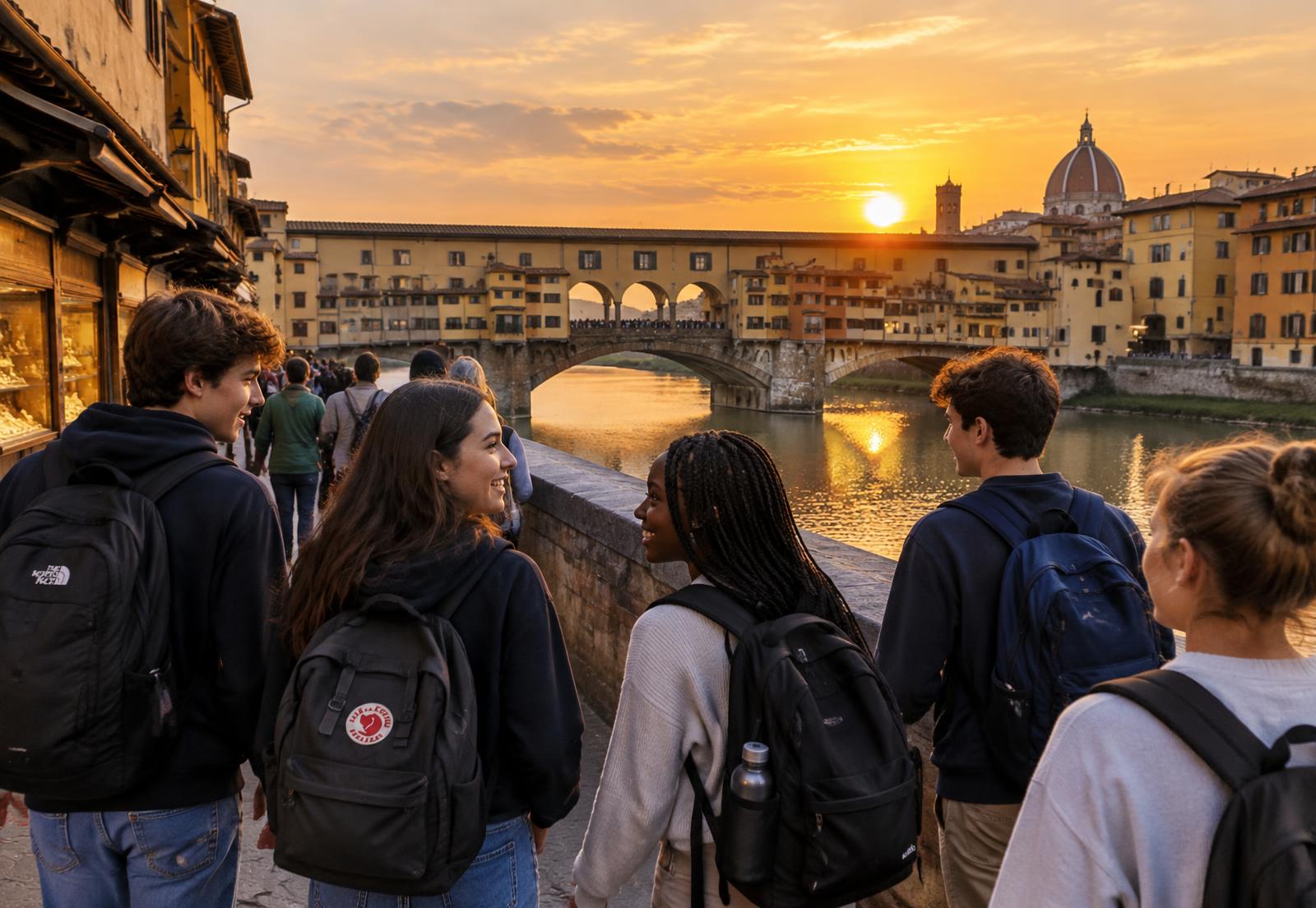 Students walking together across a historic bridge in Florence