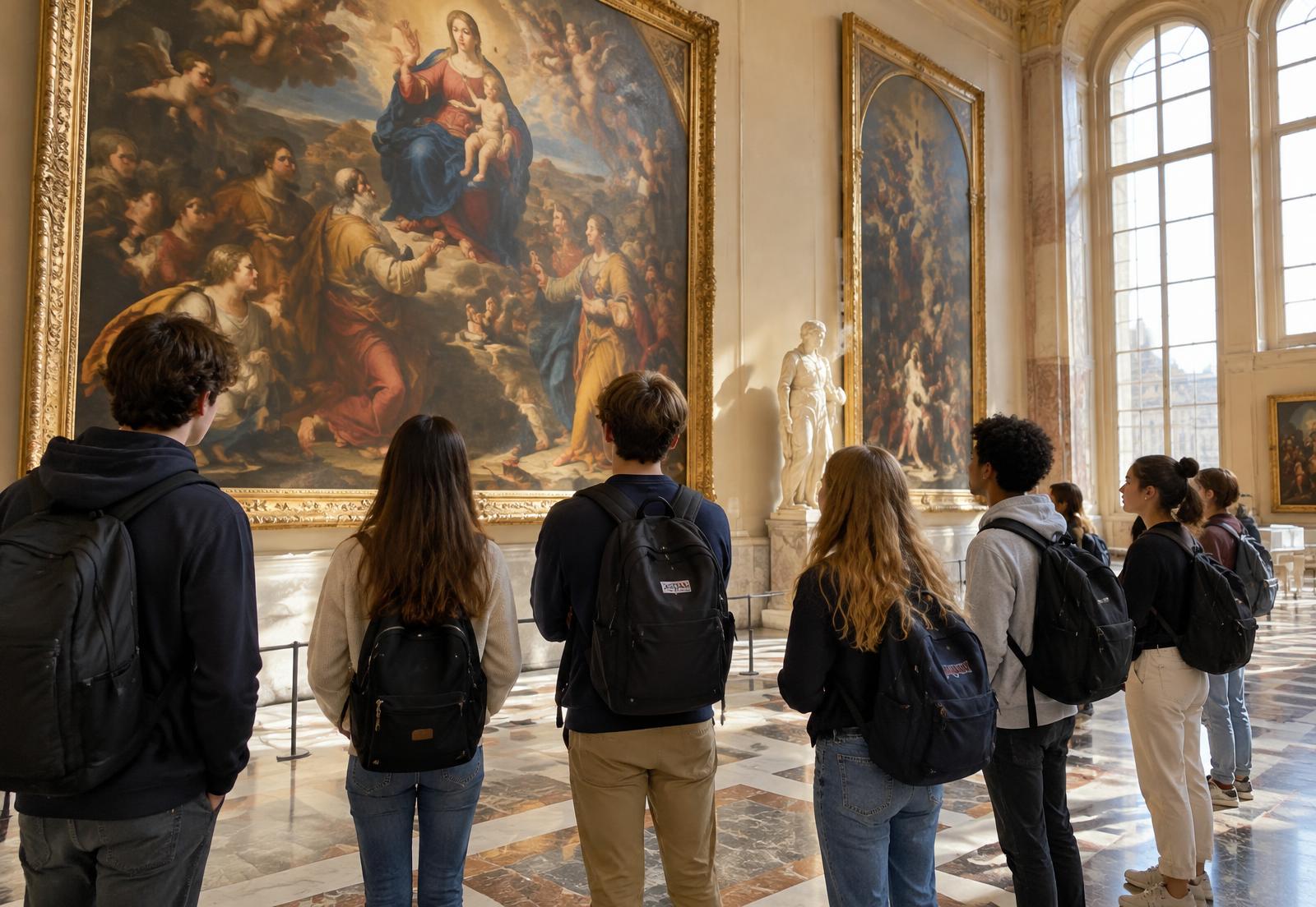 Students viewing Renaissance paintings in a museum