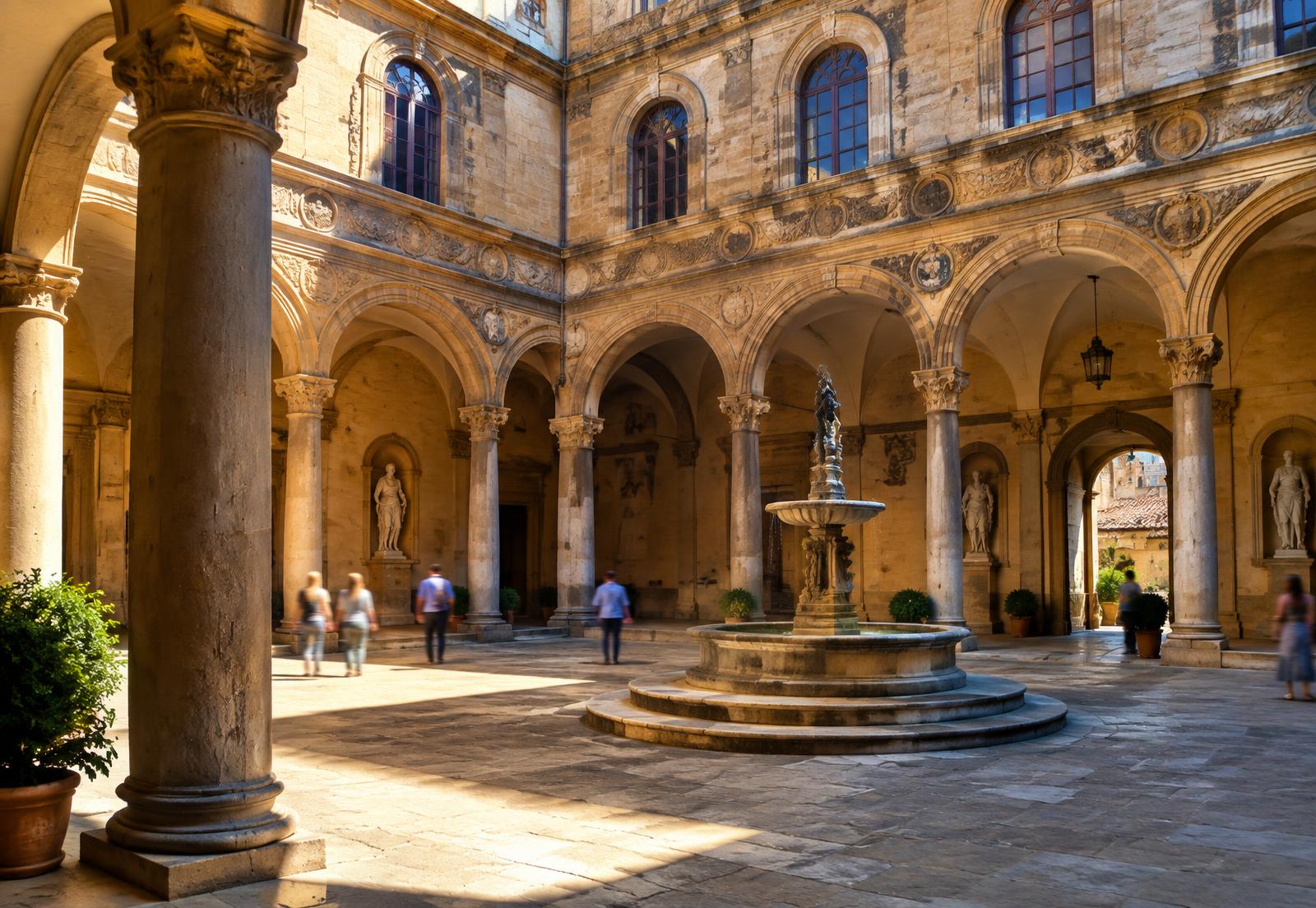 Sunlit Renaissance palace courtyard