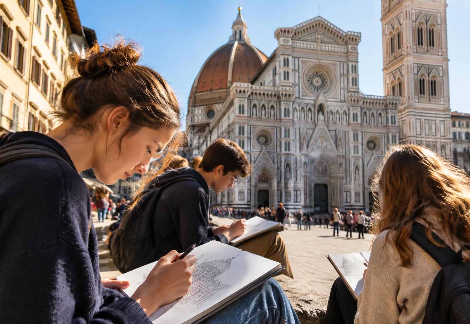 Students sketching Florentine architecture in front of the cathedral
