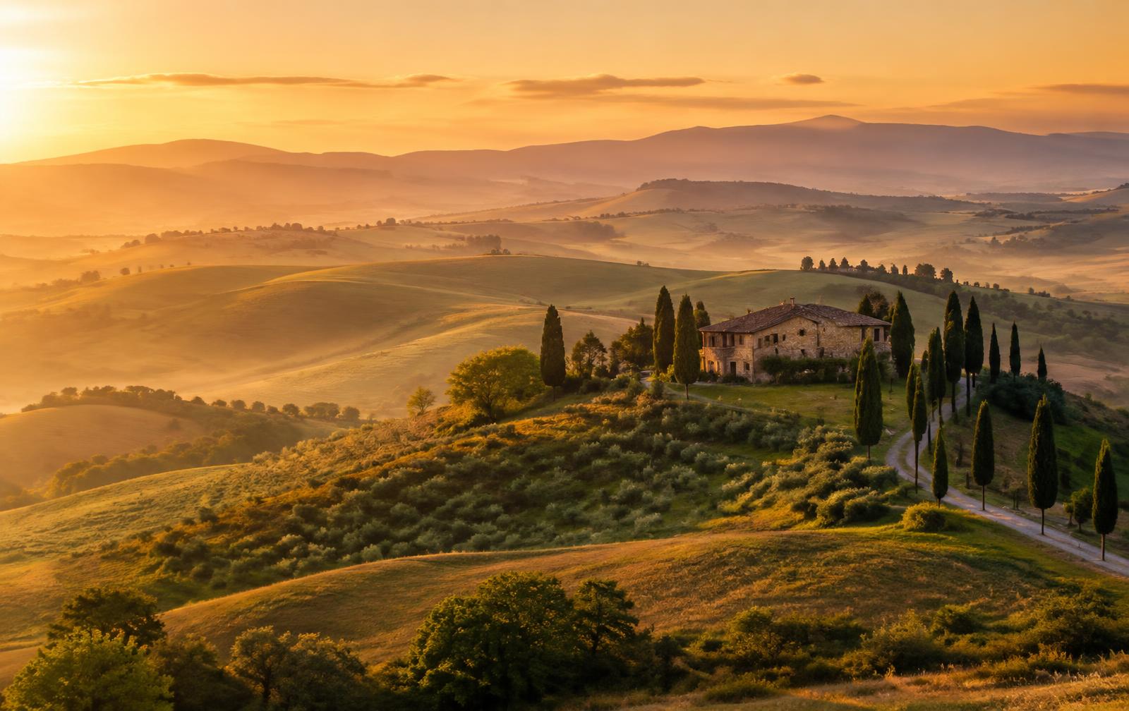 The Tuscan countryside at golden hour